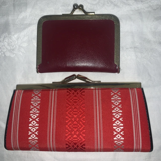 Lot of 2 Vintage Kiss lock Silk Change Coin Purse Metal Frame and sewing kit