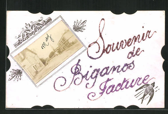Passepartout-CPA Biganos-Facture, La Grande Rue, Glitzerschrift et hirondelle