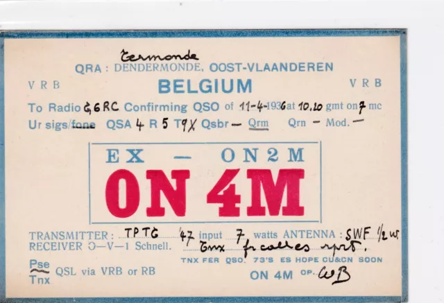 Belgien 1936 Funkübertragung QSL Karte Ref. R8392