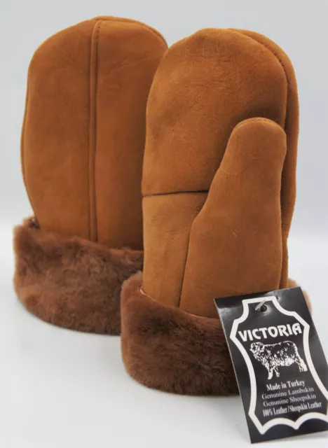 Real Genuine Sheepskin Shearling Leather Mittens Unisex Cognac Brown Suede S-2Xl