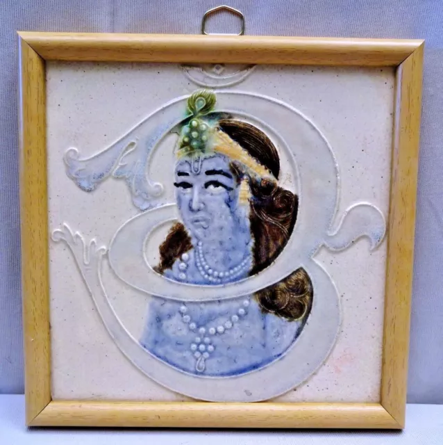 Antique Om Krishna Tile Ceramic Blue Art Nouveau Majolica India Gwalior Old#398