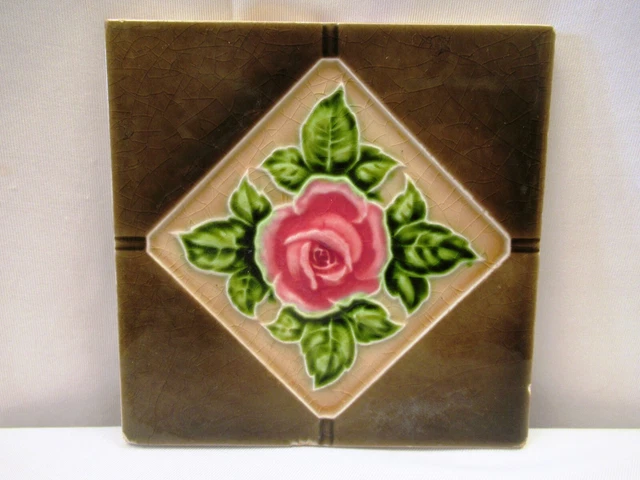 Ancien Carreau Art Nouveau Majolique Porcelaine England Rose Fleur Design Rare