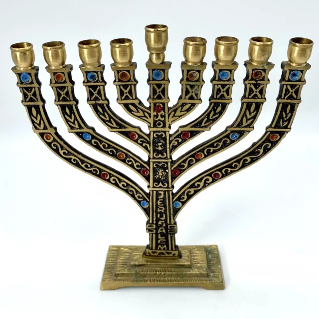 Vintage Israeli Brass Enamel Menorah 1960s Brass Small Jerusalem Judaica Painted