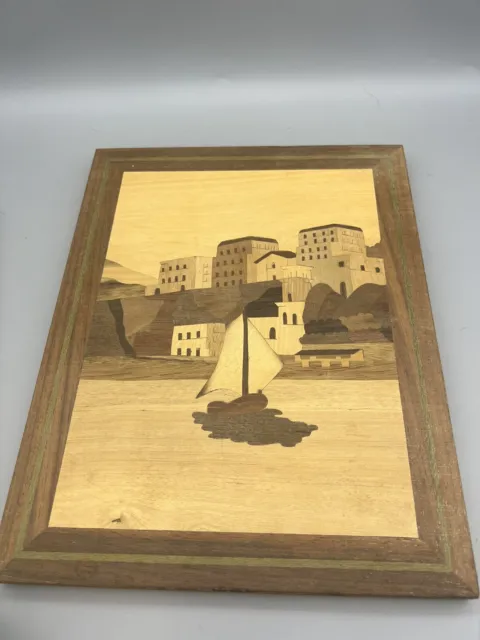 VTG Marquetry Inlaid Wood Wall Art Sailboat Italian Seaside Village 9”x 11"