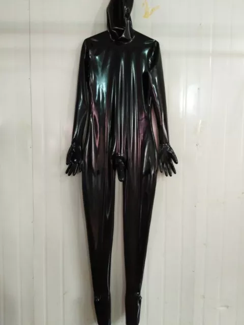 Latex Rubber Gummi Catsuit Overall Black Hood Ganzanzug Bodysuit Cosplay