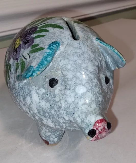 Vtg Art Pottery Piggy Bank Italy Coin Hand Painted Florals Gray Blue