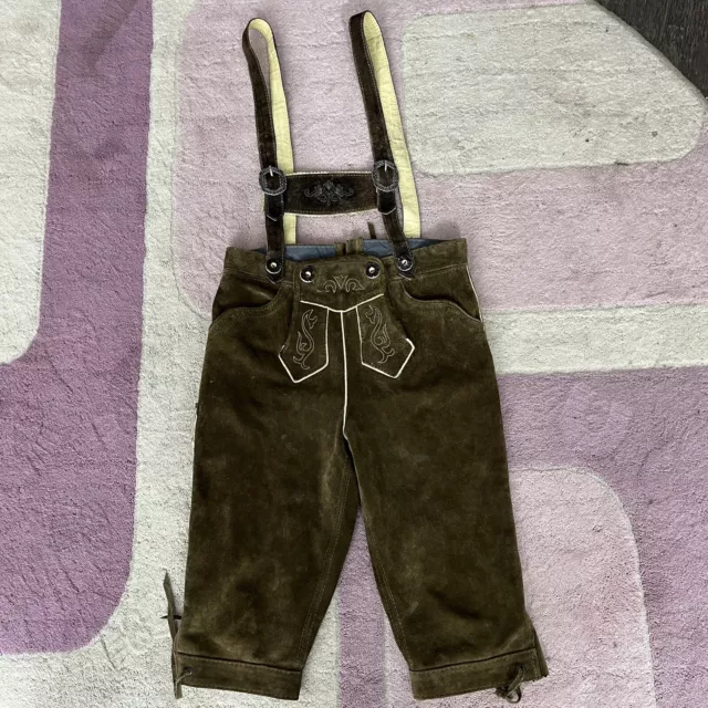 Vtg Childs Lederhosen Leather Bavaria Shorts Overalls Tyrolean waist 13 in horn
