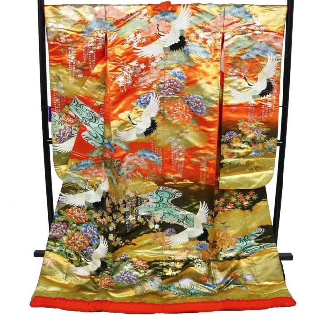 Japanese Silk Kimono Uchikake Vintage Gorgeous wedding Crane and Flower (u27)