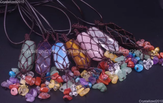 Natural Gemstones Weave Crystal Quartz TitaniumCoat Chip Beads Leather Necklace 2