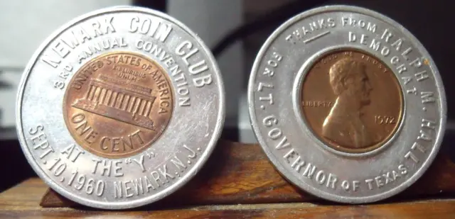 2 Encased Pennies  - Neward Coin Club 1960 D & Lt. Governor Ralph Hall  1972