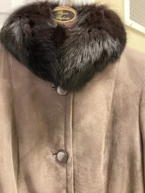 Taupe Flip Skirt Spanish Merino Shearling Sheepskin Coat With Fox Collar