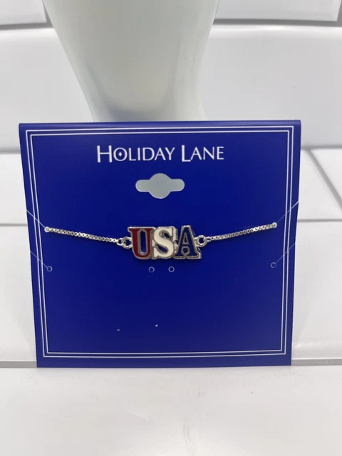 USA PATRIOTIC Red White & Blue Enamel Women's Slider Chain Bracelet New.