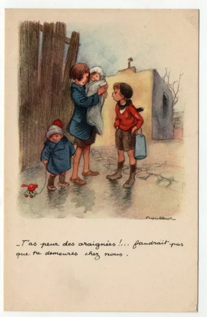 POULBOT - Cpa Illustrateur - couleur - t' as peur des Araignées ...!