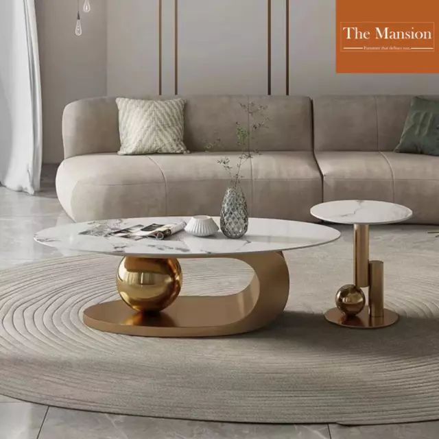 Round Coffee Table Set Luxury Modern Stone Top With Plated Stainless Steal Leg