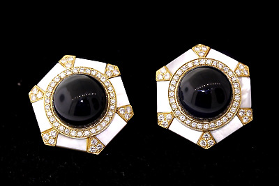 Ancien de Valeur Italien 18k Or Onyx Noir 1.50ctw Diamant Art Déco Boucles