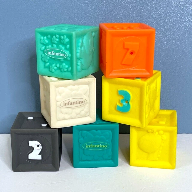 Infantino Colorful Soft Rubber Baby Building Blocks Lot of 7 Animals Numbers