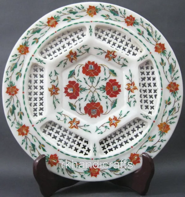 11 Inches Marble Decorative Plate Semi Precious Stone Inlay Work plate for Hotel