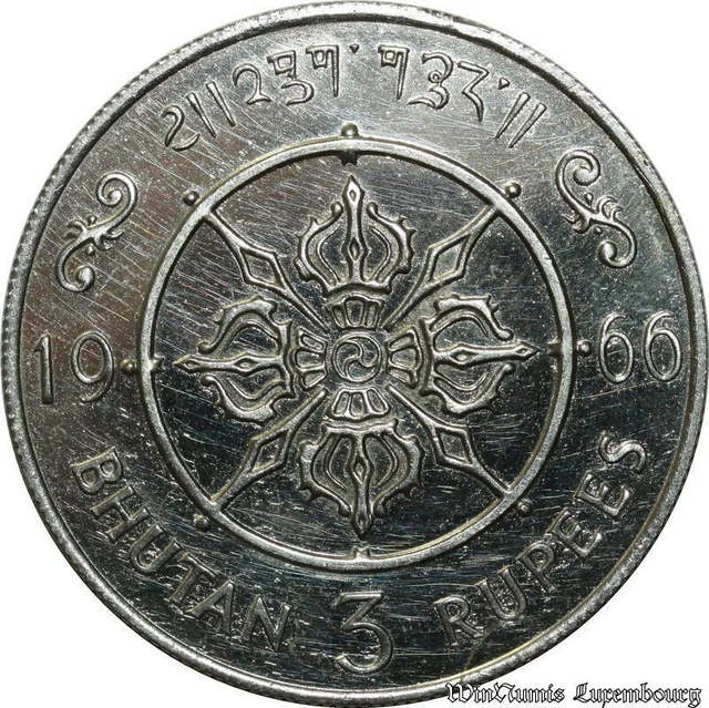 B621 Bhoutan 3 Rupees Jigme Wangchuk Trône 1966 -> Make offer