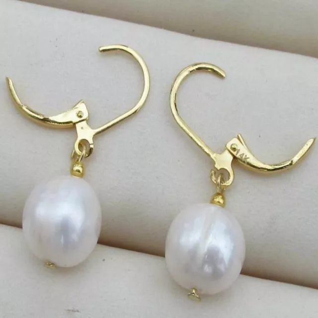 9-10mm Natural white round Southsea pearl 14K gold earrings Gift Party Classic