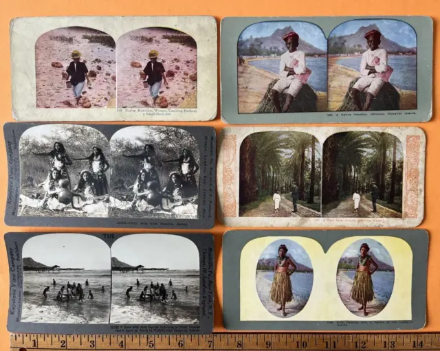Early 1900's Hawaii Stereoview Lot of 6, 2 Real Photo Hula Girls/Newsboy/Surfing