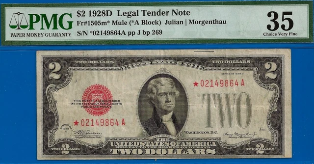 1928D $2 Legal Tender  PMG 35 rare PMG graded 73 US Note mule star Fr 1505*