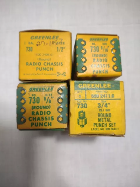 Lot Of 4 Greenlee Radio Chassis Punches. ½" , 9/16", ⅝" And ¾" In Original Boxes