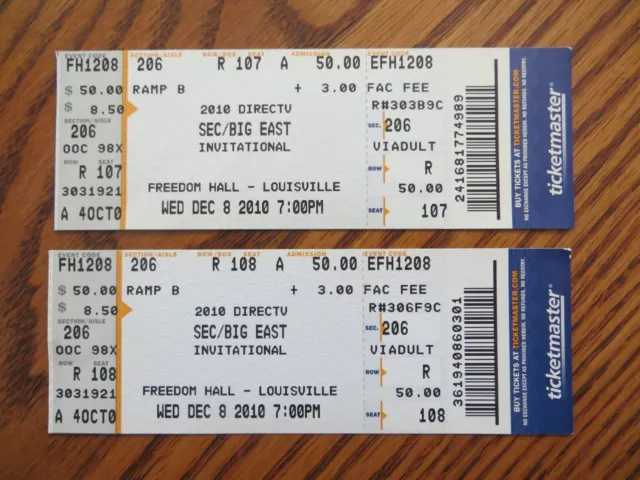 2 TICKET STUBS 2010 SEC BIG EAST INVITATIONAL KENTUCKY WILDCATS vs NOTRE DAME