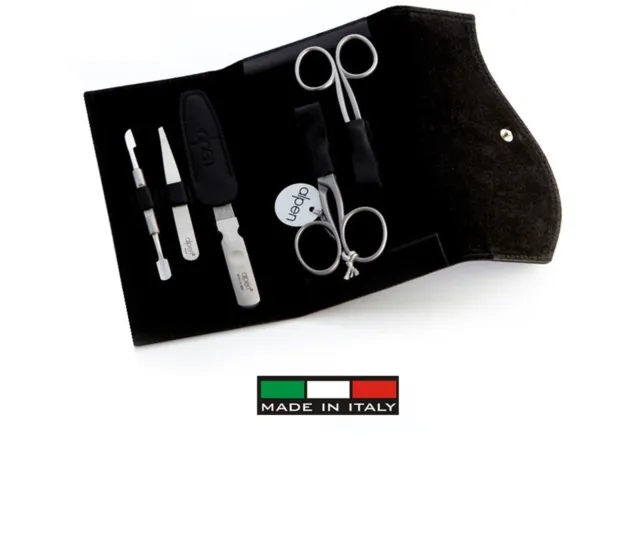 Alpen  6836R :  set manicure 5pz. in  pelle nera  (2 forbici) INOX made Italy