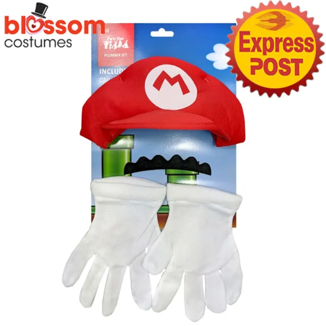 TM141 Video Game Guy Red Mario Hat Moustache Gloves Mens Costume Accessory Kit