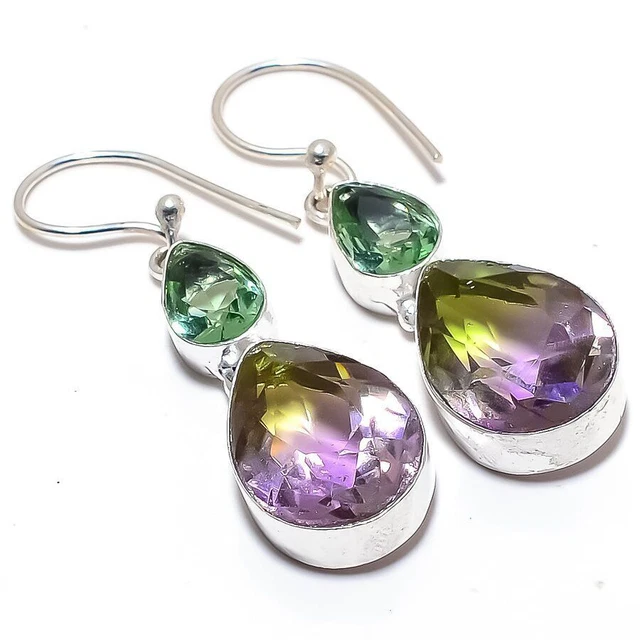 Amétrine, Apatite Gemstone Handmade 925 Sterling Silver Jewelry Earring 1.9"