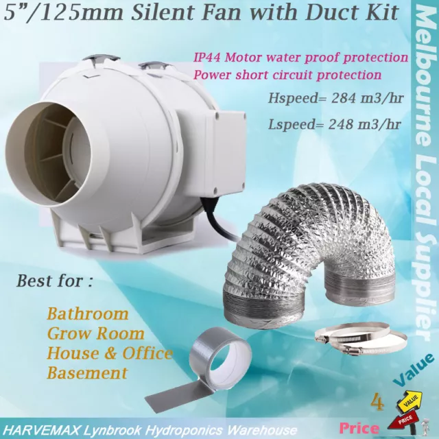 Hydroponics 5"/125mm 2 Speed Inline Exhuast Fan Ducting Combo Ventilation Kit