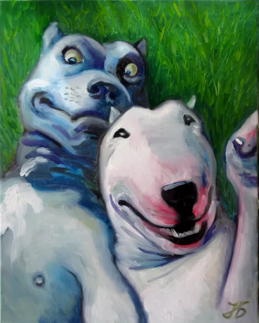 "Dog`s Friendship" 20X16" Bull Terrier And Pit Bull Terrier Hand Painted Custom 