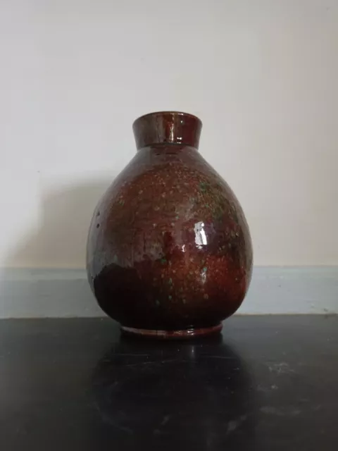 Vase En Ceramique Signe A. Courant Faience Emaillee Marron Et Verte