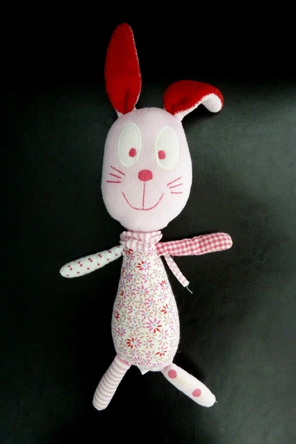 61. DOUDOU PELUCHE HOCHET SIA LAPIN ROSE fleur pois carreaux grelot 31cms NEUF*