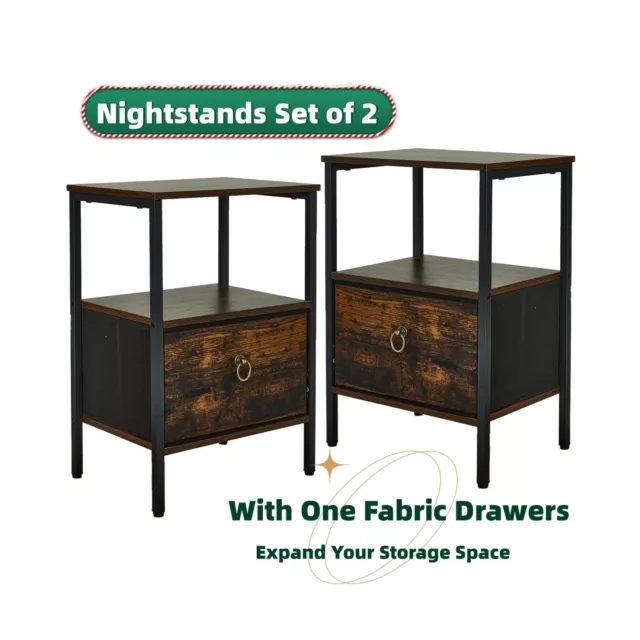 Rustic Brown Nightstands End Table Bedside Desk Slim Storage Cabinet Open Shelf