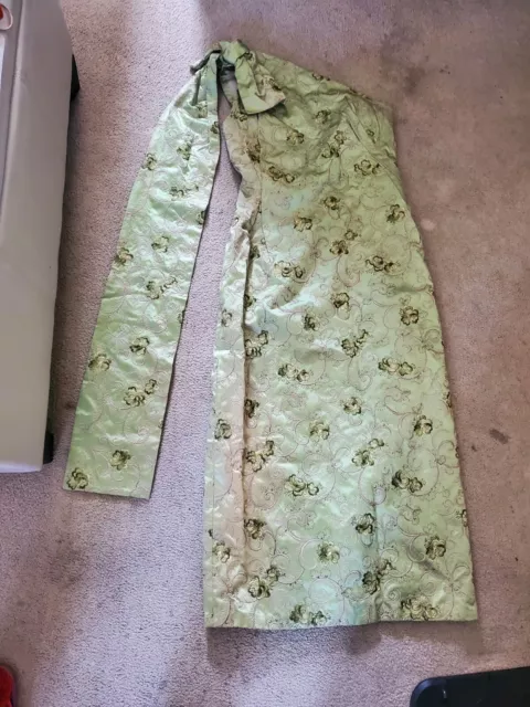 Vintage 50s 1960s Evening Gown Formal Floor Dress Green Brocade Tailored Bow