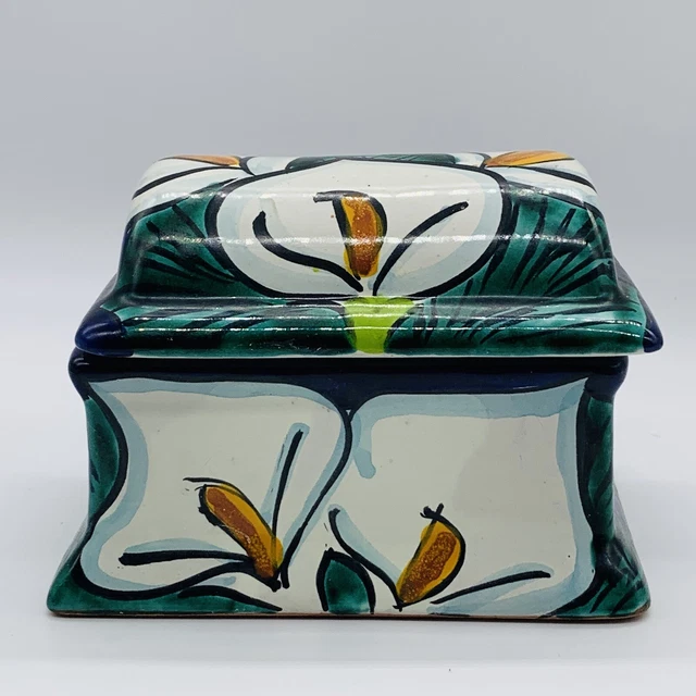 Vintage Mexican Folk Art Talavera Handpainted Floral Trinket Box 3”T 5”W