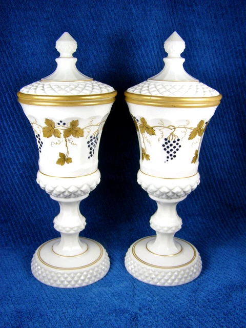 Pair Westmoreland Milk Glass Hand Painted WAKEFIELD Grapes & Vines Covered Urns