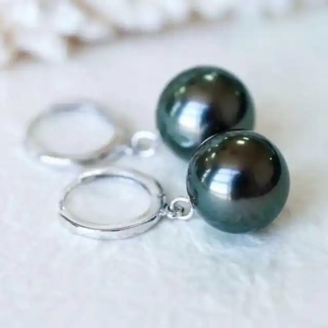 Beautiful 8mm-14mm South Sea Black Shell Pearl Round Silver Dangle Earrings AAA