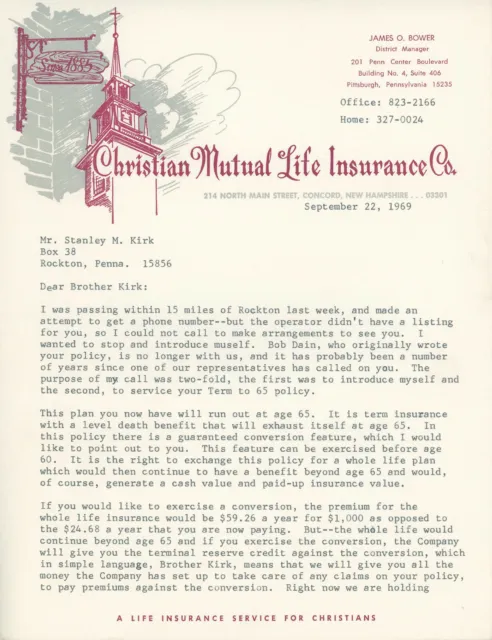1969 Christian Mutual Life Insurance Co. Letterhead Pittsburgh PA Concord NH