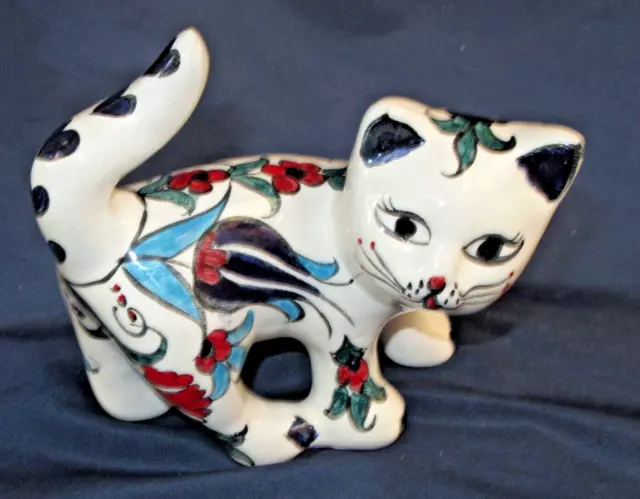 Floral White Cat Turkey Turkiye Hand Made Signed  Kitten Ceramic Figurine