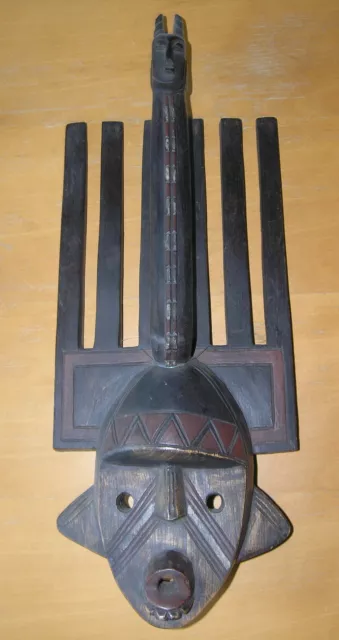 Vintage African Mali Bamana N'tomo Hand Carved & Painted Wooden Comb Mask 24"