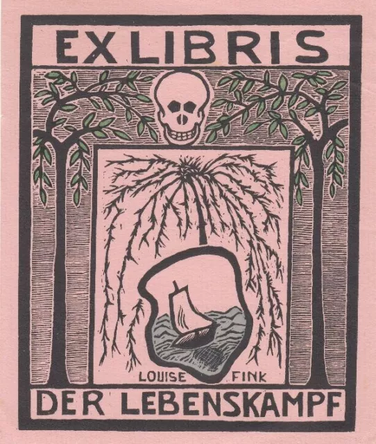 Exlibris Bookplate Woodcut Louise Fink Sailing Ship Skull Death