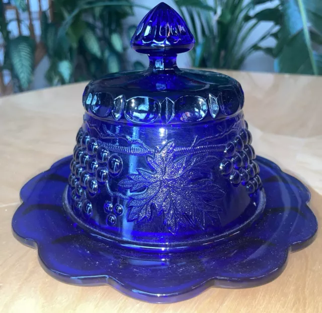 Vintage Mosser Glass Cobalt Blue Grape Cable Round Covered Butter Cheese Dish