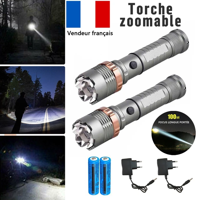 2x Lampe de Poche Rechargeable LED Torche Tactique Lumineuse Camping Randonnée