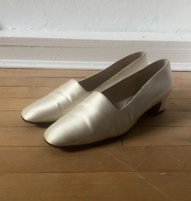 Coppia Scarpe Vintage Emma Hope Avorio Satinato Mandorla Punta Sposa Tacchi Blocchi UK 5,5