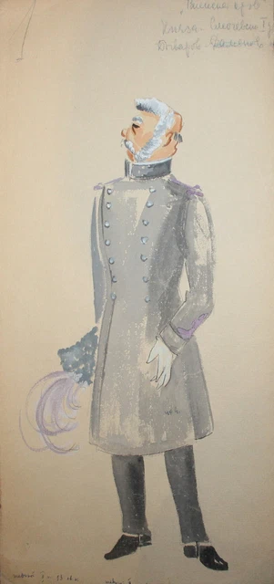 Vintage gouache painting old man theater costume design signed 2