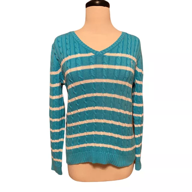 Lauren Ralph Lauren Blue & White Stripe 100% Cotton V-Neck Cable Knit Sweater M