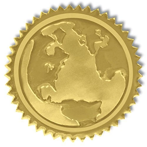 DELUXE EMBOSSED GLOBE Gold Foil Certificate Seals, Self Adhesive, 102