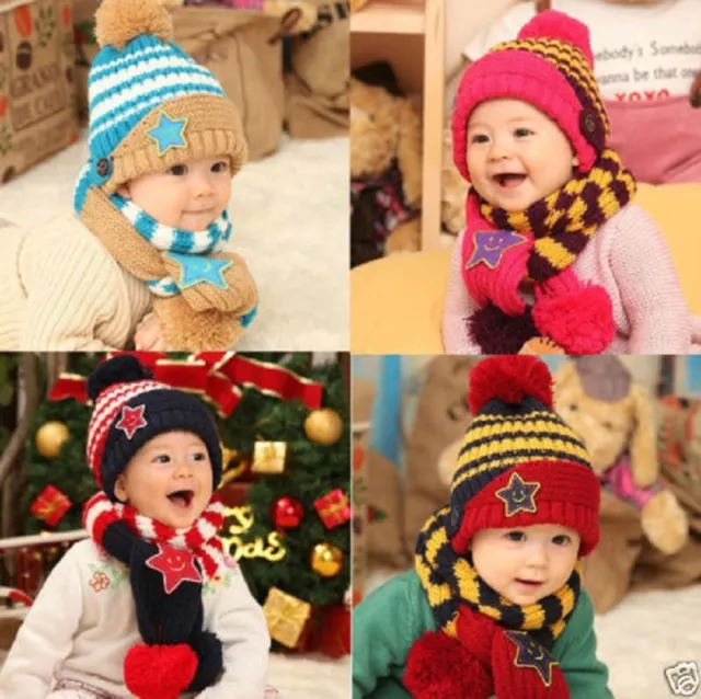 Boys Girls Kids Winter Warm Hats Scarf and Cap  Gift Set Five-Pointed Star